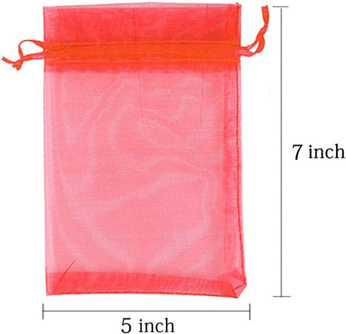 100 Pc 5x7 inch Gift Wrap Bags Red,Organza Sheer Fabric,Drawstring Glossy Pastel Treat Bags for Baby Shower Favor,House Party Favors,Bridal Shower...