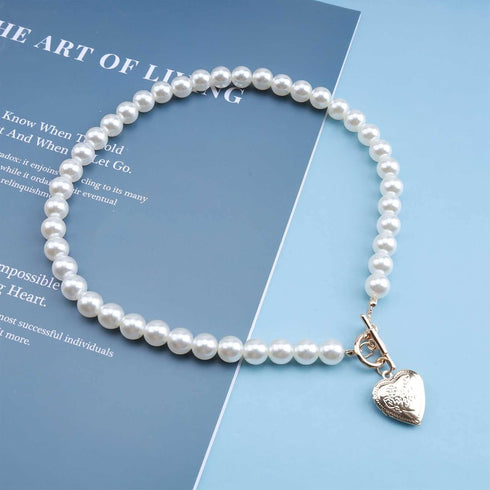 Vintage Heart Pendant Necklace Big Pearl Necklace Choker Gold Toggle Chain Necklaces Initial Letter Choker Necklace Jewelry for Women and Girls (H...