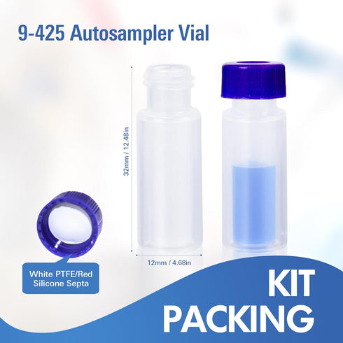 2ML Polypropylene Vials, 9mm Short Thread Vial with Micro Volume 700µL, Blue Screw Cap with Hole, WhitePTFE&Red Silicone Septa, for Ion Chromatogr...