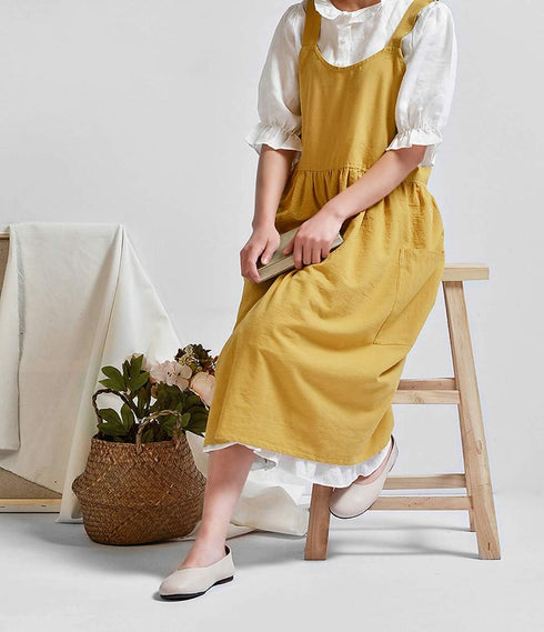 NEWGEM Cotton Linen Cross Back Apron for Women with Pockets for Cooking Cleaning Yellow without Waist Ties...