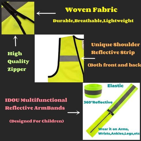 Hi Vis Kids Safety Vest + 2 Reflective Bands & Bag, Toddler Safety Vest,Reflective Vest Kids With Zipper,Toddler Construction Vest For Cycling & R...