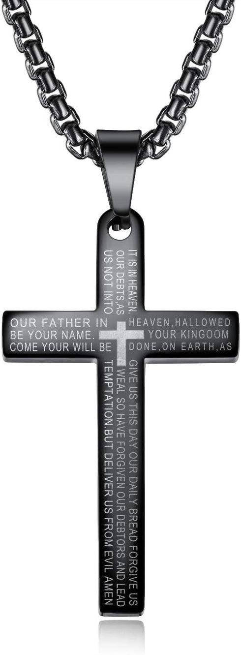 Stainless Steel Lord's Prayer Necklace for Men Women Cross Pendant for Car Rear View Mirrors, Decorative Automobile Hanging Charm Ornament with Bi...