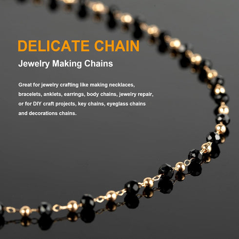 KYUNHOO 16.4 Feet Black Beaded Chain for Jewelry Making Gold Plated Brass Rosary Chain on Spool with Lobster Claps and Jump Rings for Women Neckla...