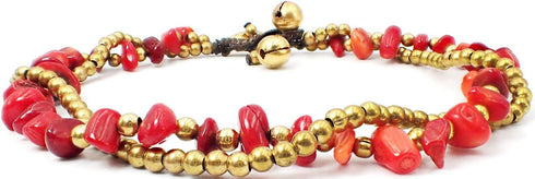 Handmade Red Carnelian Stone Elephant Charm Brass Beads Anklets Bracelet 10 Inches...