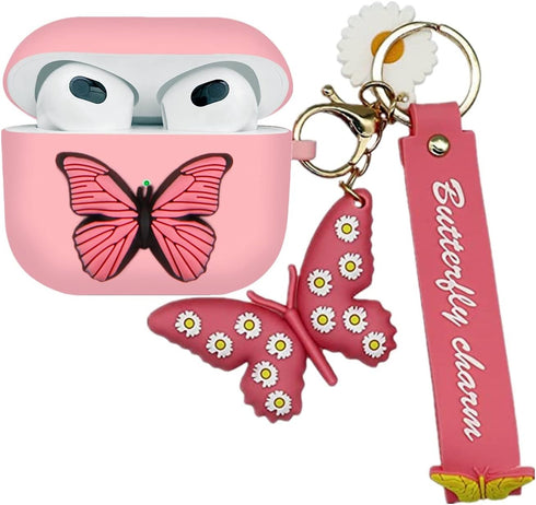 YQG Compatible with Airpods 3rd Gen 2021 Case Cover, Cute 3D Butterfly Fashion Cartoon Liquid Silicone Kids Teens Cases with Fun Cool Keychain for...