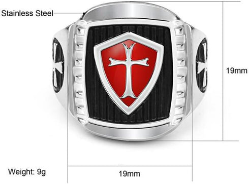 Men's Stainless Steel Ring Knight ring Templar Ring biker Crusader Cross masonic Red Size 10...