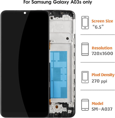 Original A03S US Version Screen LCD Display +Black Frame for Samsung Galaxy A03s A037T A037U A037U1 6.5“ LCD Screen Display Replacement Touch Digi...