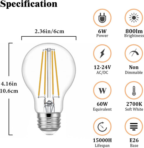 KEIVO 12V LED Bulb, 60 Watt Equivalent, 12-24V AC/DC, Soft White 2700K, 6W 800lm, E26 Base, A19 Low Voltage Edison Filament Bulbs for Off-Grid Sol...