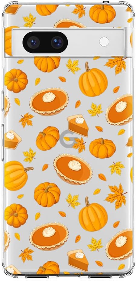 Blingy's for Google Pixel 7a Case, Fun Fall Pumpkin Style with Autumn Leaves Pattern Cute Dessert Design Transparent Soft TPU Protective Clear Cas...