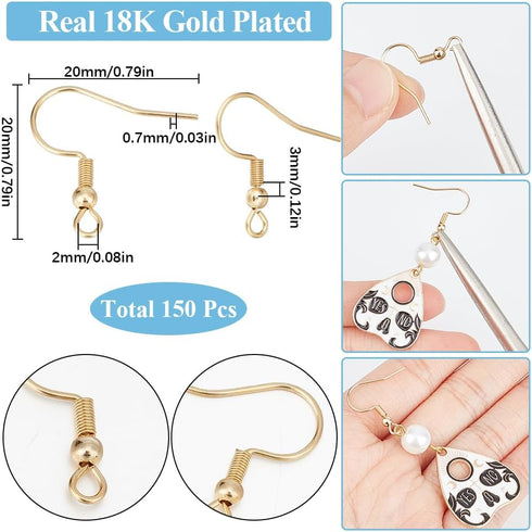SUNNYCLUE 1 Box 150Pcs Real 18K Gold Plated Earring Hooks French Earring Hooks Bulk Fish Hook Earwires with Coil Ball Ear Wire Earrings Finding fo...