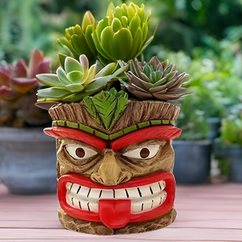 Funny Tiki Head Indoor Small Planter Pot, Cute Succulent Plant Pot, Unique Easter Island Home Decor Flower Pot,Novelty Face Resin Flowerpot with H...