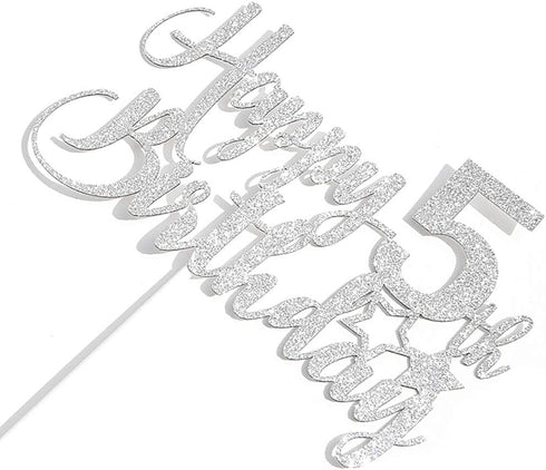 Silver Glitter Happy 5th Birthday Cake Topper - 5th Birthday Cake Topper, 5th Birthday Party Decoration...