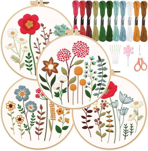 ORIGACH 4 Pack Flowers Embroidery Kits for Beginners, DIY Starter Hand Embroidery Kit with Floral and Plants Patterns and Instructions for Adults ...