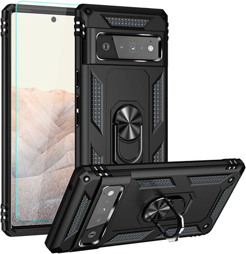 Pixel 6 Pro Case, Google Pixel 6 Pro Case with 3D Curved HD Screen Protector, Androgate Military-Grade Ring Holder Kickstand 15ft Drop Tested Shoc...