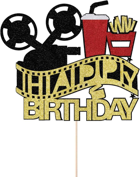 Film Cake Toppe Happy Birthday Sign Cake Topper for Film Projector Movie Night Camera Popcorn Theater Theme Bday Party Celerbrating Supplies (film...