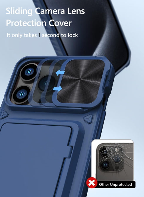 Vihibii for iPhone 15 Pro Max Wallet Case with Card Holder (4 Cards) & Slide Lens Protective Cover & Kickstand & Raised Edges Protect Screen, Shoc...