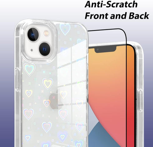 MZELQ Compatible with iPhone 14 Case 2022 6.1 inch Laser Bling Glitter Rainbow Heart Phone Case + Screen Protector, Cute Pattern Designed for iPho...