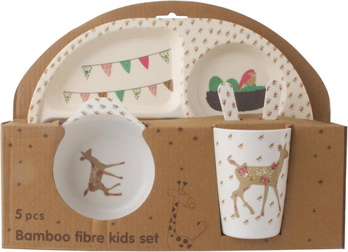 Bamboo Toddler Dinnerware Set,5Pcs Kids Dinnerware Set,Bamboo Kids Plates and Bowls Set,Kids Dishes Dinnerware Sets with Plate,Bowl,Cup,Fork and S...