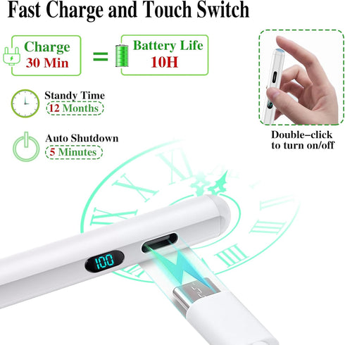 Active Stylus Pen for iPad 2018–2022 with LED Digital Power Display & Palm Rejection & Tilt Sensitivity Tablet Pencil Compatible with iPad 10/9/8/...