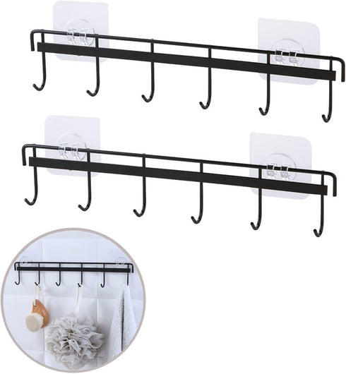 2 Pack Adhesive Wall Hooks Rack Kitchen Rail, Space Saving Heavy Duty Wall Hooks Hanger with 6 Hooks for Kitchen Bathroom Bedroom Closet, Kitchen ...