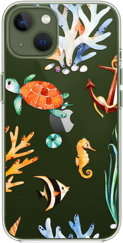 for iPhone 12 Case (6.1 inch), Fun Turtle Design with Ocean Fish Pattern Cute Animal Beach Style Transparent Soft TPU Protective Clear Case (Ocean...
