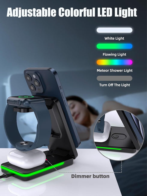 Wireless Charging Station for Apple Mag-Safe Charger, 3 in 1 Mag-Safe Charger Stand for iPhone 15 Pro Max/14/13/12, Foldable Mag-Safe Nightstand C...