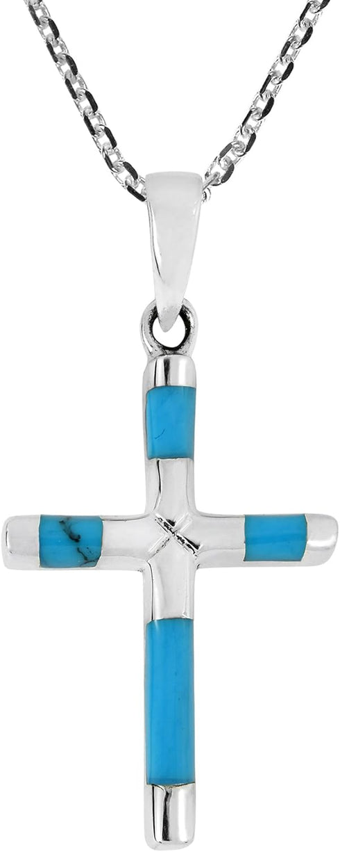 AeraVida Elegant X Cross Simulated Turquoise Inlay .925 Sterling Silver Pendant Necklace...