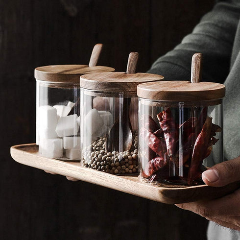 Hovico Condiment Container Seasoning Box Set, with Wooden Spoon Lid and Base, Salt Sugar Spice Pepper Condiment Container Jar Set of 3...
