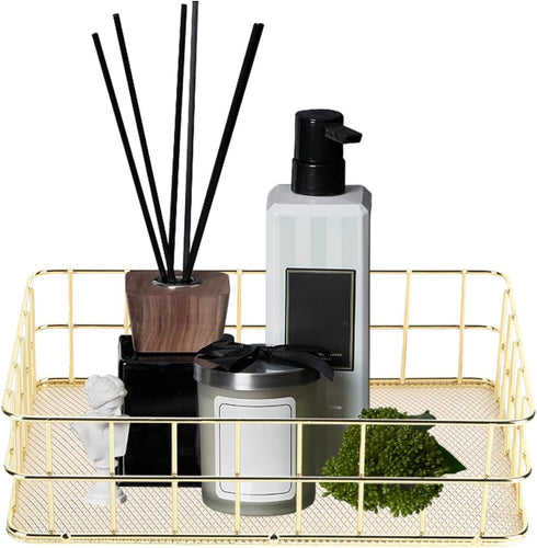 Wire Mesh Basket, Golden Desktop Metal Storage Basket Iron Grid Storage Tray Net Basket Storage Bins for Home Cosmetic Stationery (9.6 x 6.5 x 2.6...