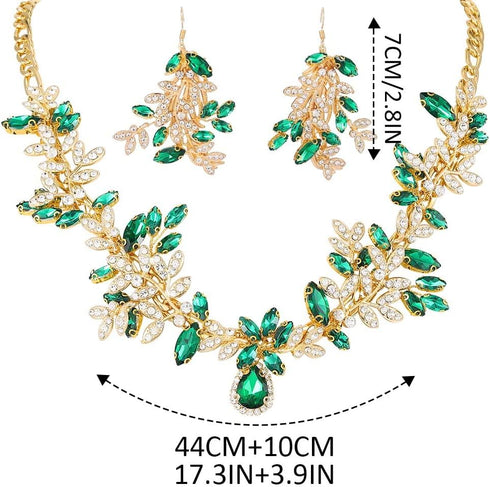Aukmla Green Crystal Bridal Jewelry Set Gold Rhinestones Wedding Necklaces Earrings Sets Pearl Prom Costume Jewelry for Women and Brides...