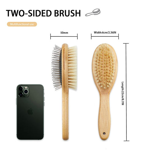 Dog Brush Cat Brush, Vokiuler Double Sided Bristle and Pin Pet Brush for Dog Grooming, Real Boar Bristle Shedding Brush with Bamboo Handle for Lon...