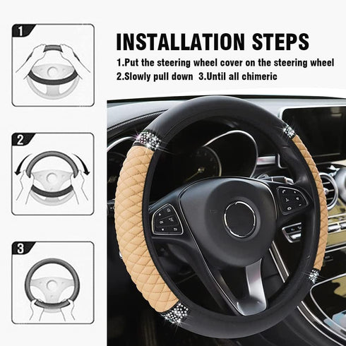 Bling Leather Steering Wheel Cover,15 Inch Soft Leather Car Wheel Cover with Colorful Crystal Diamond,Universal Non-Slip Auto Elastic Steering Whe...