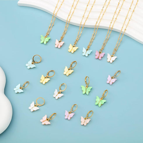 18 Pcs Acrylic Butterfly Necklace Earrings Set Acrylic Butterfly Pendant Necklace Hoop Butterfly Earrings Colorful Butterfly Jewelry Set Cute Jewe...