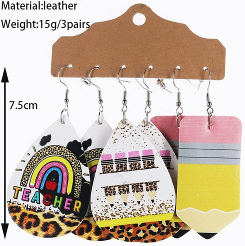 3 Pairs Teacher Pencil Earring Teacher Leather Dangle Earrings Set Colorful Pencil Ruler Apple Rainbow Print Leather Earrings for Women Gifts Jewe...
