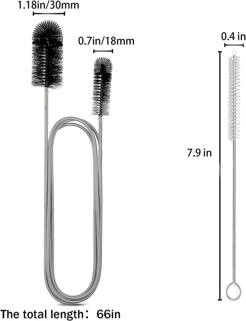 66 inch Long Drain Brush Elastic Double Head Nylon Cleaning Brushes Hose Pipe Brush and 2 PCS 7.9 inch Straw Cleaning Brush (Two Heads Black Color...