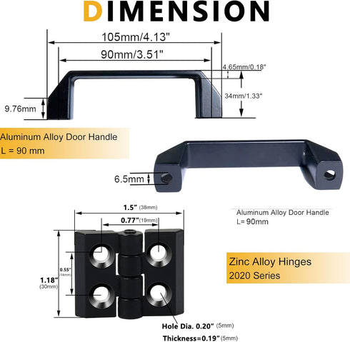 KOOTANS 2 Sets 2020 Series Door Handle and Frame Hinges Install Kit for 20x20 Aluminum Extrusion Profile Slot 6mm-4pcs Zinc Alloy Hinges, 2pcs Alu...
