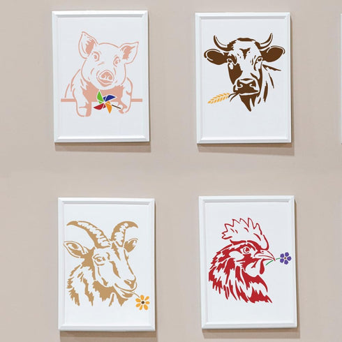 4pcs Pig Cow Goat Cock Stencil 11.8×11.8inch Large Farm Animals Stencil Reusable Windmill Flower Chicken Drawing Templates with Paint Brush for Fu...