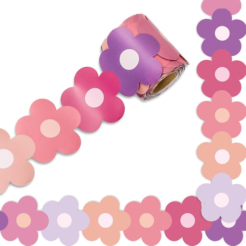 Whaline 32.8ft Preppy Hippie Flower Bulletin Board Borders Y2K Pink Purple Flower Die-Cut Rolled Bulletin Board Trim for School Classroom Office D...