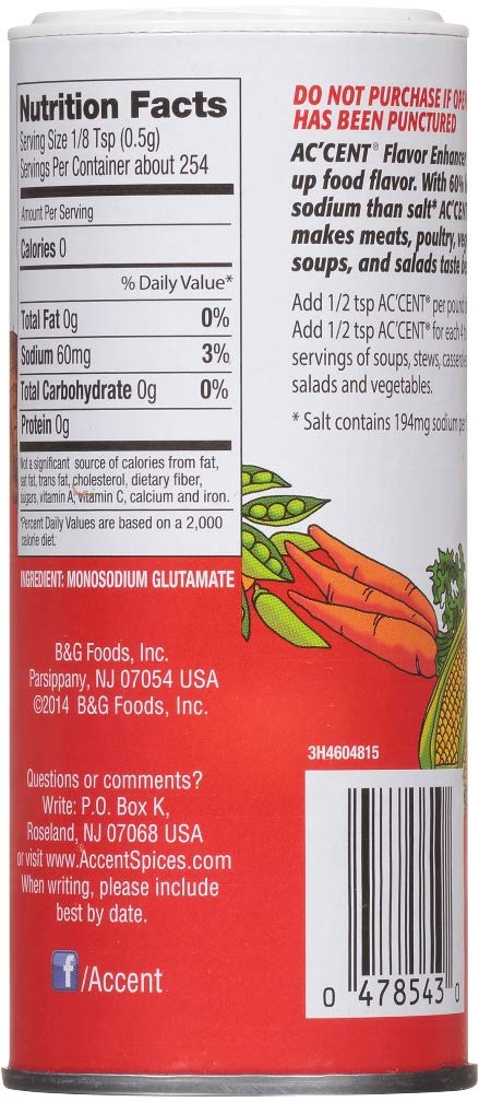 Ac'cent Flavor Enhancer 00054 All Natural 4.5 Oz. Wakes Up Food Flavor Canister (Pack of 2); Ideal for Meats, Poultry, Vegetables, Soups and Salad...