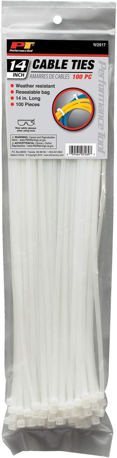 Performance Tool W2917 100pc 14-Inch Cable Tie, White With Tensile Strength 50 Lbs...