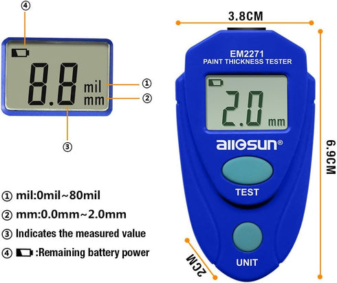 allsun Paint Thickness Gauge Automotive Digital Car Coating Thickness Meter Calibration Data Hold Resolution 1mil...