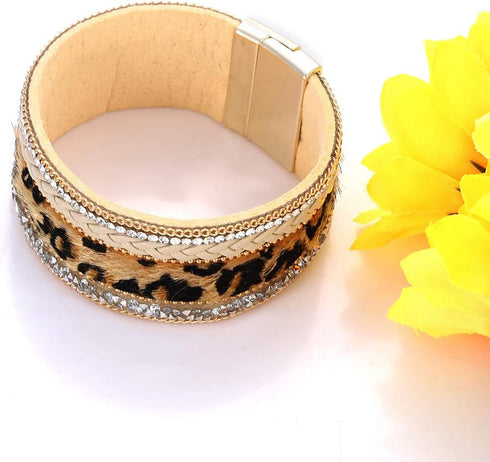 Statement Leopard Jewelry Set For Women Multi Leopard Leather Wrap Bracelet Teardrop Leather Earrings Long Tassel Round Pendant Necklace Set...