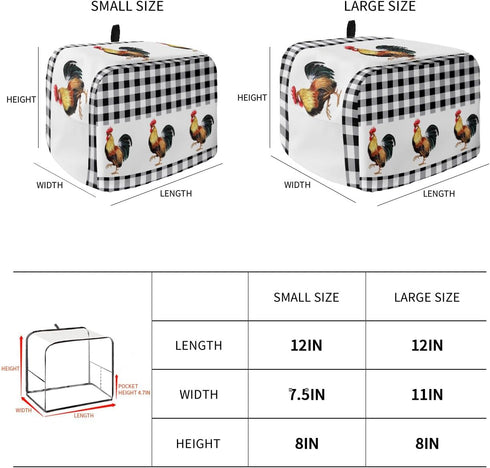 Toaster Dust Cover with Pockets, Rooster Summer Farm Style Black White Buffalo Plaid Soft Washable 2 Slice Toaster Cover, Dust-proof Cover for Sma...