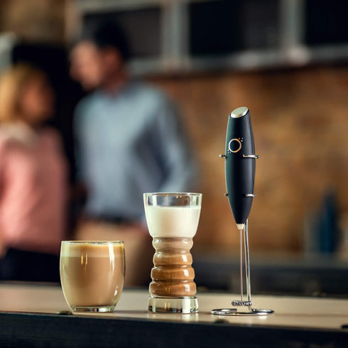 Handheld Milk Frother for Coffee - Stainless Steel Electric Drink Mixer & Matcha Whisk - Ergonomic Hand Frother With Stand & Recipes (Black)...