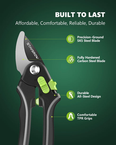 Pruning Shears for Gardening - 8.5" SK5 Garden Shears Cuts 10000+ Times Staying Sharp - Garden Scissors with One-handed Unlocking & Adjustable Han...