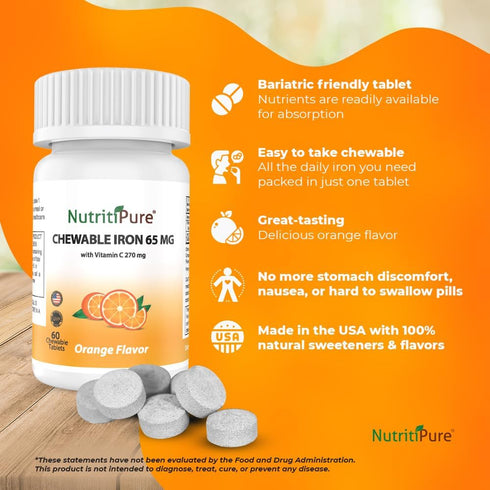 Chewable Iron 65 mg with Vitamin C 270 mg (for Women/Men) |60 Days Supply | No Sugar- Zesty Orange Flavor Supplement 60 Count...