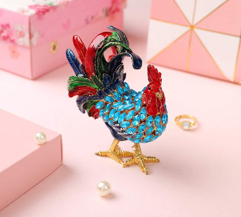 Rooster Trinket Boxes Hinged Enameled Jewelry Box Hand-Painted Animals Ornaments Craft Gift for Home Decor (Blue)...