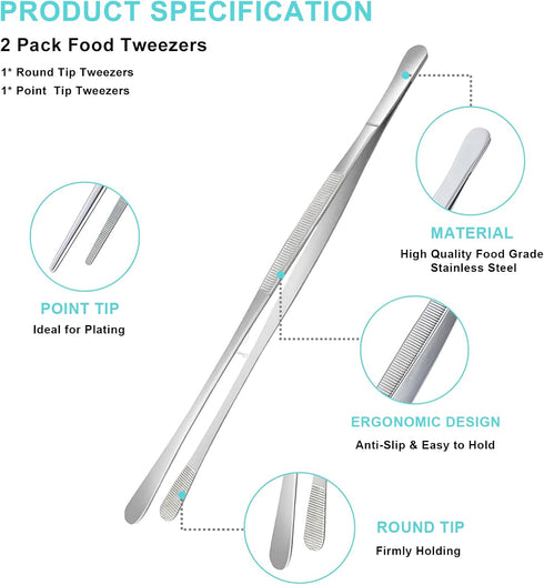 2Pcs Kitchen Tweezers Tongs, Cooking Tweezers, Chef Tweezers Tongs for Cooking, Long Handle Food Tweezers for Plating, Stainless Steel Culinary Tw...