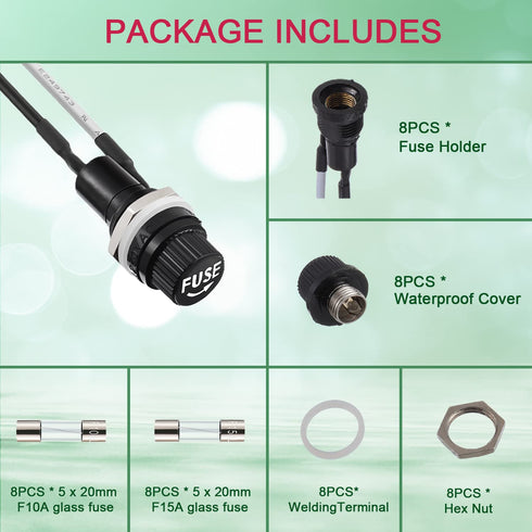 Panel Mount Fuse Holder 5X20 mm 250V AC 10A 125V AC 15A 12V DC Screw Cap Fuse Holder with Pre-Soldered Wires and 10A/15A Fast Blow Glass Fuse kit...