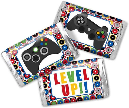 Game On! Video Gamer Birthday Party Mini Chocolate Candy Bar Sticker Wrappers for Kids, 45 1.4" x 2.6" Wrap Around Labels by AmandaCreation, Great...